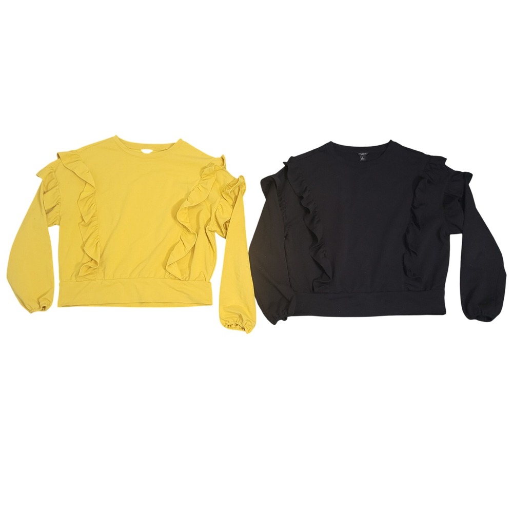 Ann Taylor MP Ruffle Sweatshirt Womens Set of 2 Yellow Black Cotton Blend Petite
